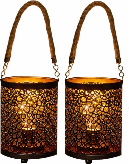 2x stuks LED sfeerlantaarns/lampen zwart/goud met timer B12 x H16 cm – Woondecoratie/kerstversiering sfeerverlichting