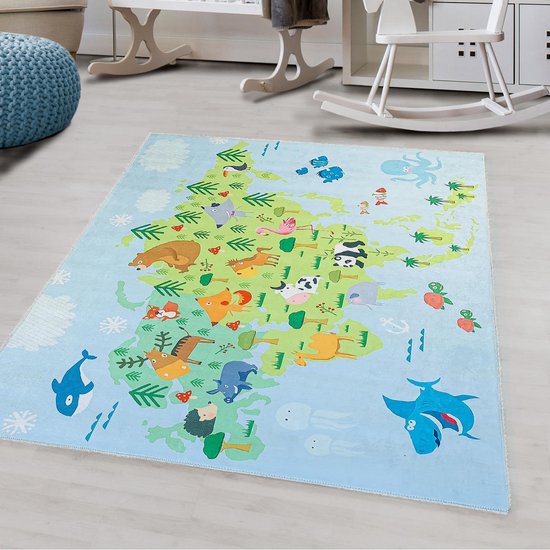 Flycarpets Kids Speelkleed / Vloerkleed Kinderkamer - Wereldkaart - Laagpolig Tapijt voor de Kinderen - 100x150 cm