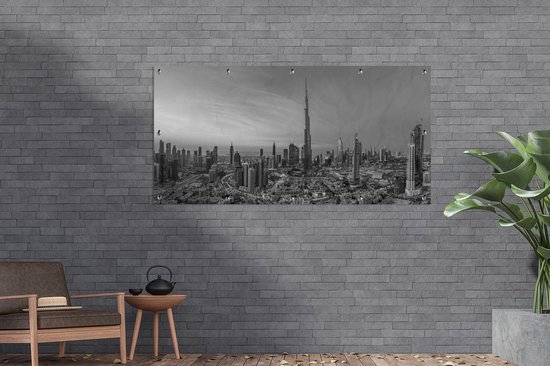Affiche de clôture panorama de Dubaï avec le Burj Khalifa - noir et blanc - 200x100 cm - Toile de jardin