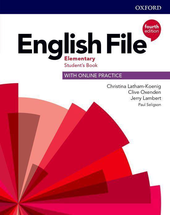 Omslag van het 'English File Elementary Student's Book' met online oefeningen, vierde editie, van Oxford.