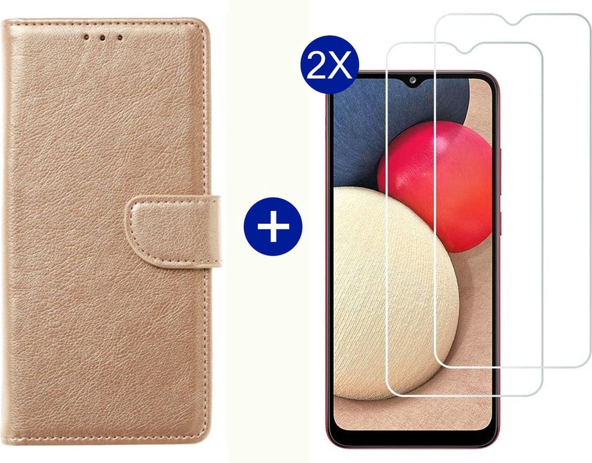 BixB Samsung A02s hoesje - Met 2x screenprotector / tempered glass - Book Case Wallet - Goud
