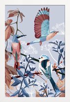 JUNIQE - Poster in houten lijst Birds Of Winter -40x60 /Blauw & Bruin