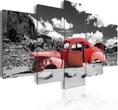 Schilderij - Rode auto in Woestenij, 5 luik