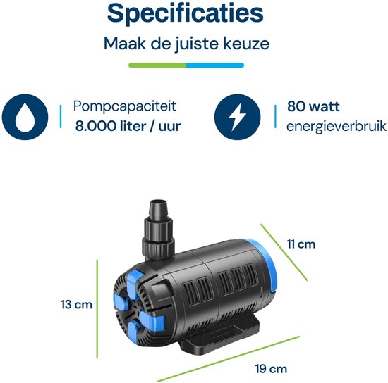 BluFlow Control 8.000 - Regelbare vijverpomp voor in vijver of droogopstelling - Geschikt voor filter waterval beekloop - Incl. controller - 8.000 l/uur - 18-80 watt