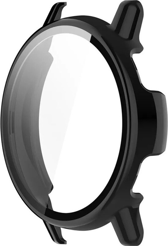 Zwart hard hoesje met ingebouwd glas voor een smartwatch.