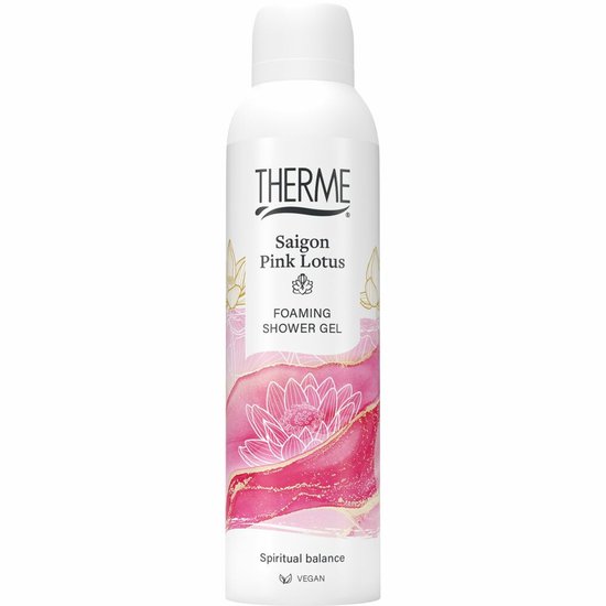 Therme Saigon Pink Lotus schuimende douchegel met roze lotusbloemen en gouden accenten.