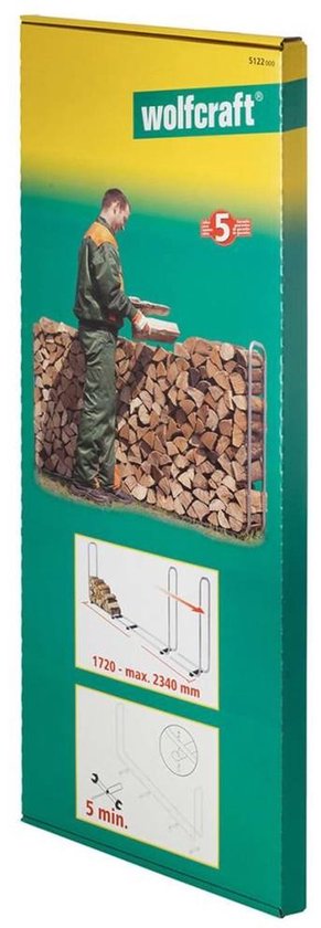 Wolfcraft verpakking met illustratie van man die hout stapelt op verstelbaar rek, 1720-2340mm, en 5 min montage.