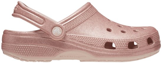 Vue latérale d'une chaussure Crocs rose à paillettes.