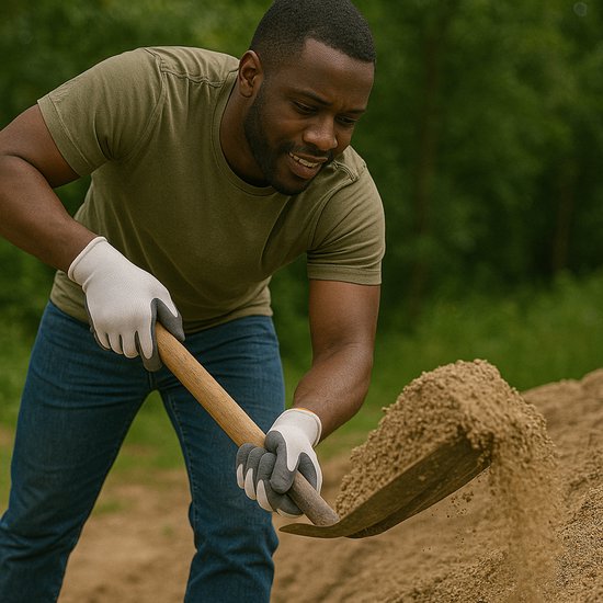 Man met donkere huid, groene t-shirt en spijkerbroek schept zand met een schep.