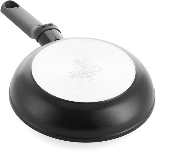 Onderkant van een zwarte koekenpan met een zilverkleurige, ronde inductiebodem.