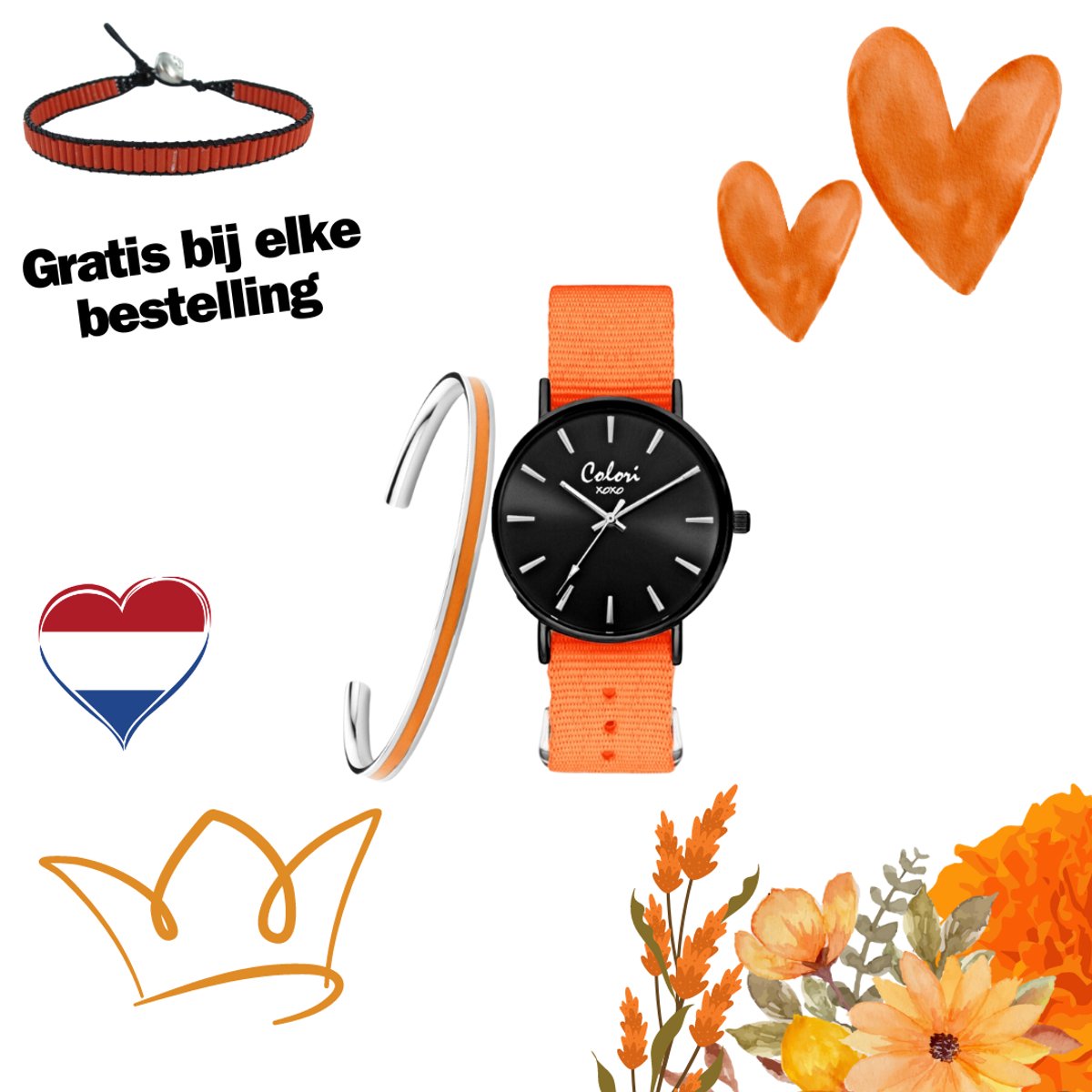 Colori XOXO 5 COL556 Horloge Geschenkset met Armband - Nato Band - Oranje - Ø 36 mm
