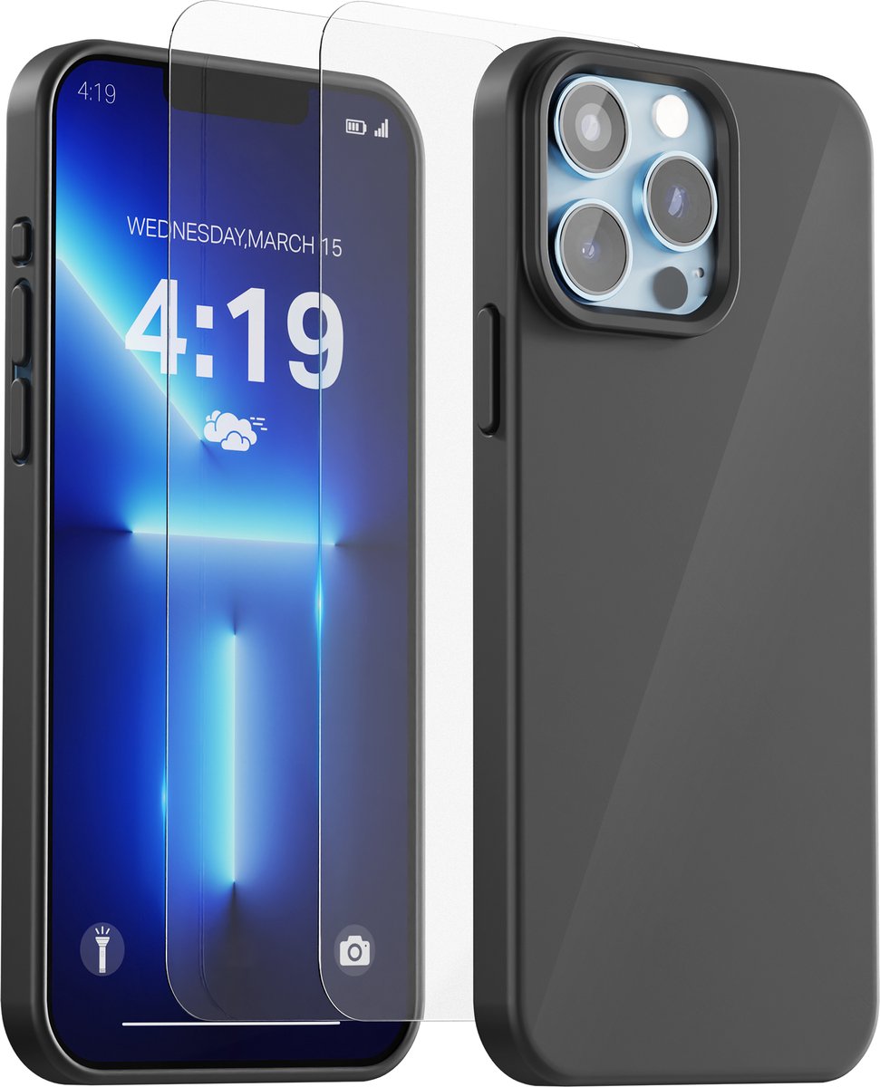 Hoesje Geschikt voor iPhone 13 Pro - Zwart - 2x Screenprotector tempered glass - Anti Shock silicone case hoes