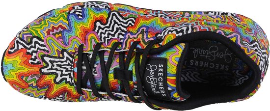 Chaussure avec motif abstrait multicolore et lacets noirs, logo Skechers Gem. Stark sur la languette.