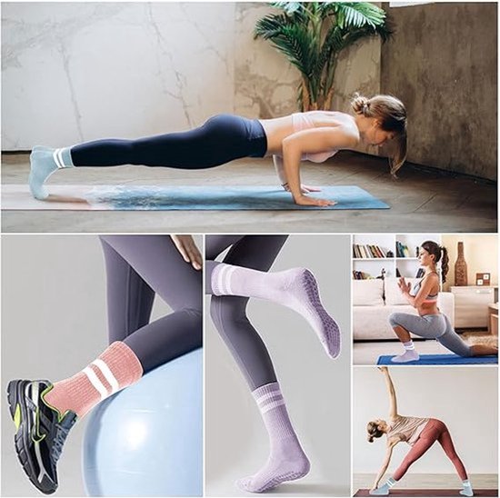 3 paar sokken - antislipsokken - vloersokken - puur katoenen sokken - antislipkousen - yogaoefeningsokken - one size fits all - geschikt voor yoga, ballet, dans, blotevoetentraining - roze, blauw, paars - blauw rood paars van Merkloos — afbeelding 4