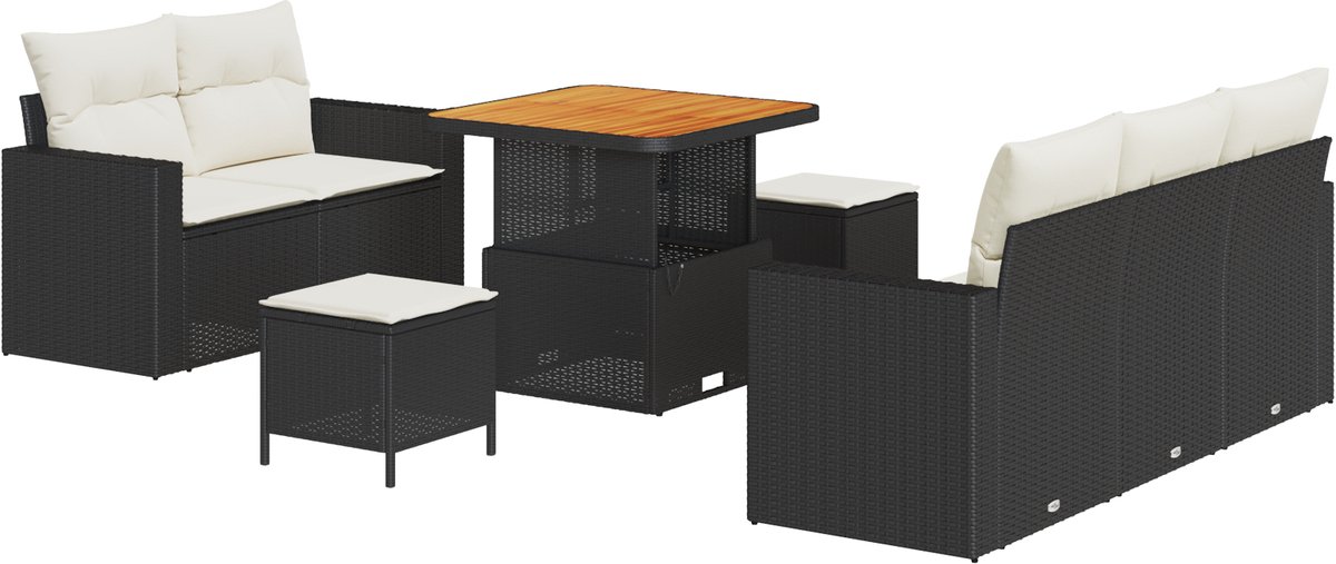 vidaXL - Tuinbank - Set - met - kussen - 8 - pcs - Zwart - en - Crème - poly - rattan