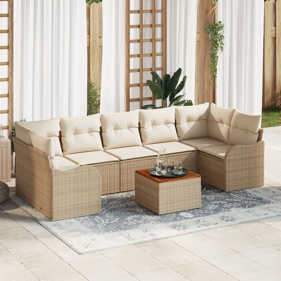 vidaXL - 8-delige - tuinset - met - kussens - in - beige - poly - rattan - en - acacia