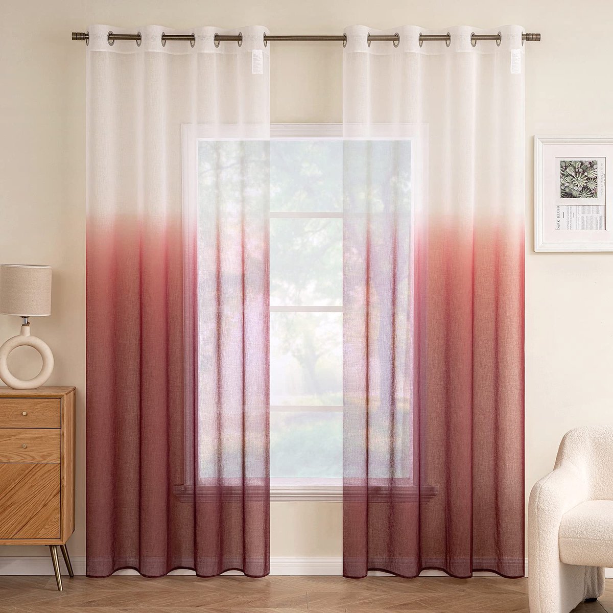 Ibenzoa Transparante Voile Gordijnen met Ogen, Decoratief Vitrage Set 245x140cm – Slaap en Woonkamer roodbruin