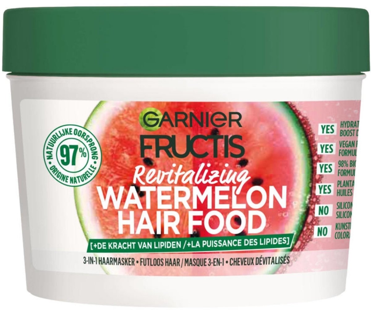 1 x Garnier - Fructis Hair Food Watermelon - 3-in-1 Haarmasker - Futloos Haar - 400 ml - Haarmasker - Futloos Haar - Hydratatie - Watermeloen - 3-in-1