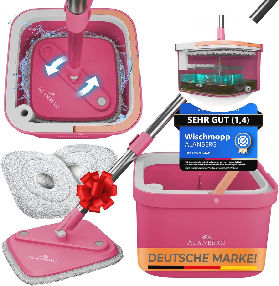 Dweilset met Emmer – 2-Kamersysteem voor Vuil- & Schoonwaterafscheiding – Zelfuitwringend, Microvezel Dweilpads, Geschikt voor Alle Vloeren, Roze