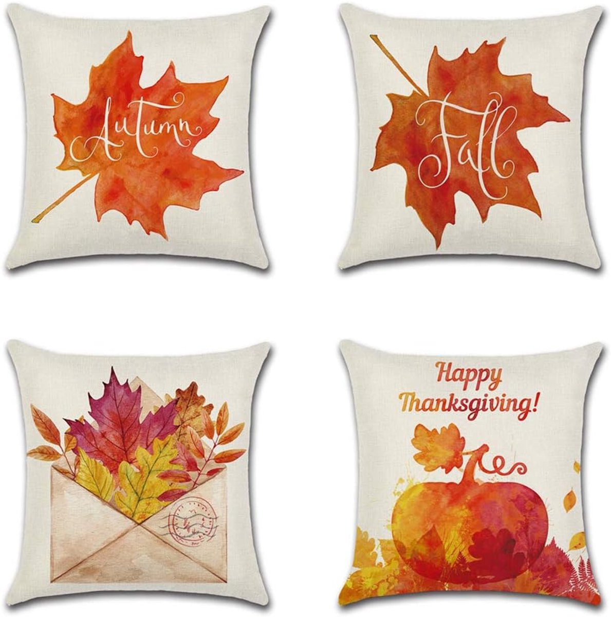 Ibenzoa Set van Vier Decoratieve Kussenhoezen met Herfstmotieven - 45 x 45 cm oranje