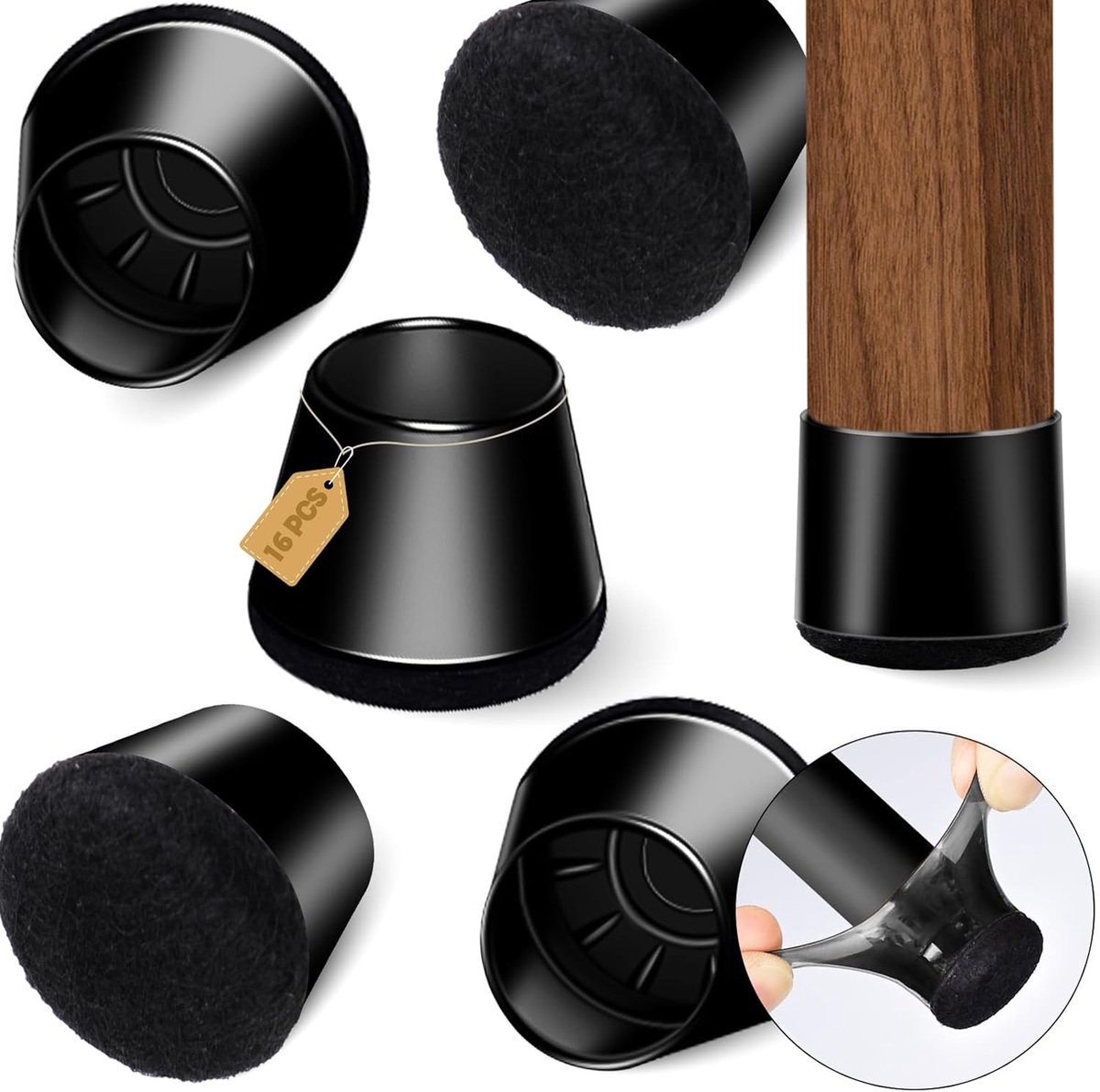 Ibenzoa® Durable Silicone Chair Legs Protectors with Soft Felt Padding - Pack of 16, Black - 30mm - 36mm Diameter