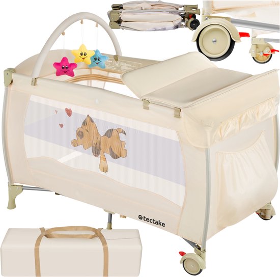tectake® Kinderreisbedje in hoogte verstelbaar met aankleedkussen en draagtas - Incl. boog met speelfiguren - 132x75x104 cm - diverse kleuren - Beige