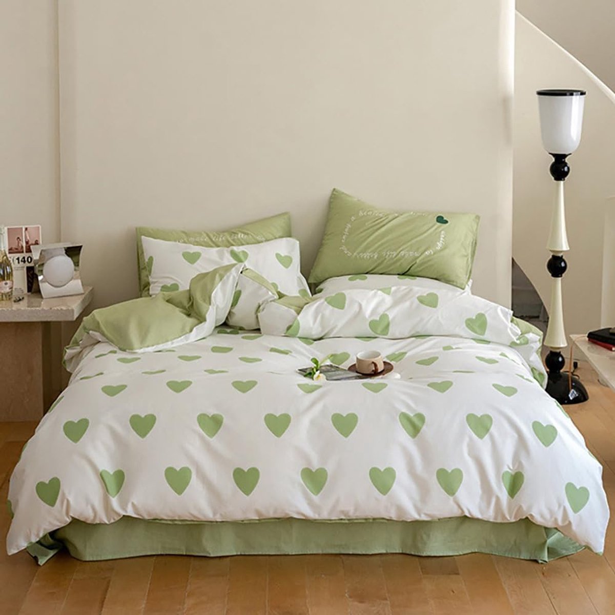 Ibenzoa® Tweevoudige Dekbedovertrek Set - Groene en Witte Hartjes, Katoen Twotone