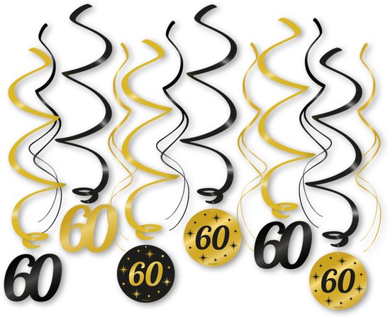Gouden en zwarte swirl decoraties met ronde schijven met '60'.