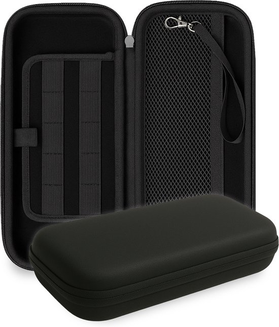 Een gesloten zwart hoesje en een open zwart hoesje met opbergvakken voor een Nintendo Switch.