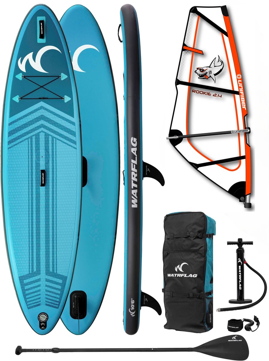 Watrflag Jibe WindsurfSUP Board 10'6'' Set - 320 cm - Opblaasbaar Stand Up Paddle Board inclusief 2.4 m2 Unifiber Sail Rig