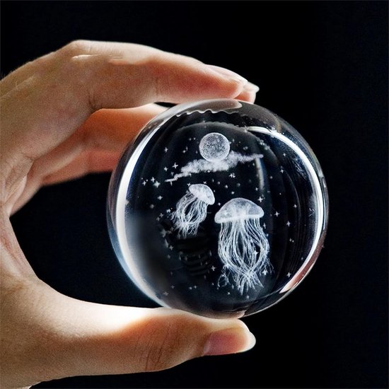 3D Kristallen Bal Jellyfish - Nachtlampje - LED Glas Licht Hologram lamp met Massief Houten Basis - Nachtlamp - Cadeau idee - Verlichting - USB aansluiting - Woondecoratie van Merkloos — afbeelding 3