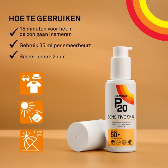 Hoe P20 Sensitive te gebruiken: 15 minuten voor blootstelling, 35ml per applicatie, elke 2 uur opnieuw aanbrengen.