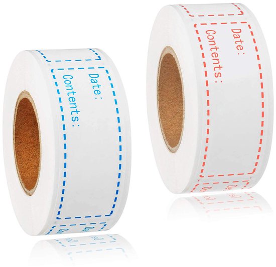 Twee rollen met blanco labels voor datuminformatie. Eén rol heeft een rode stippellijn, de ander een blauwe.