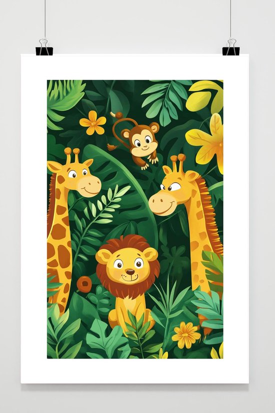 Dieren Jungle Poster - Natuur Posters - Cartoon - Passe-Partouts Effect - Wanddecoratie Kinderkamer - 180 gram papier - BS5784BY - Formaat 50 x 70cm
