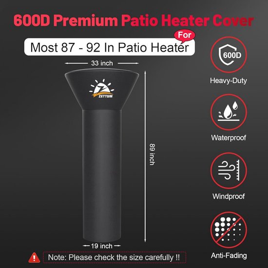 Zettum Patio Heater Cover, Outdoor Heating Covers 600D PU Coating, Waterproof Protective Cover, Heavy Duty Patio Heater Cover for Mushroom, 226 x 83 x 48 cm (L x W x H