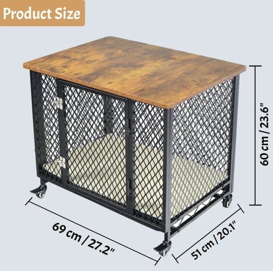 Hondenbench van metaal met houtlook tafelblad, 69 cm breed, 51 cm diep en 60 cm hoog, met wieltjes.