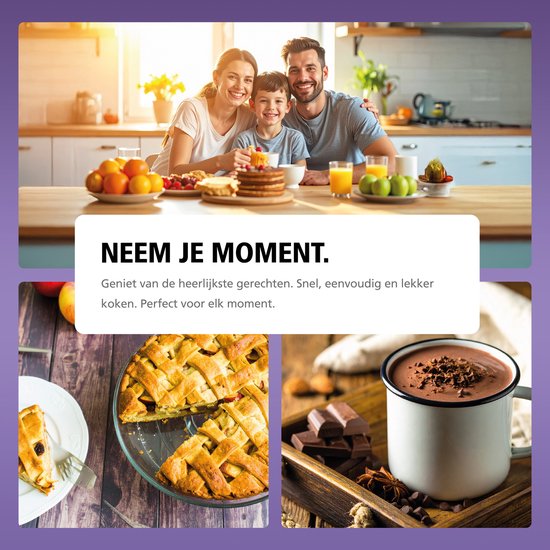 Familie geniet van eten in een keuken; collage met appeltaart en warme chocolademelk.