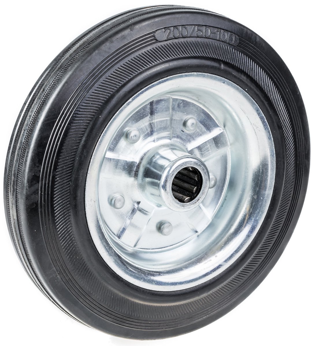 Zwart rubberen wiel van 200 mm (8 inch) met hart van geperst staal, draagvermogen 200 kg – Set van 4