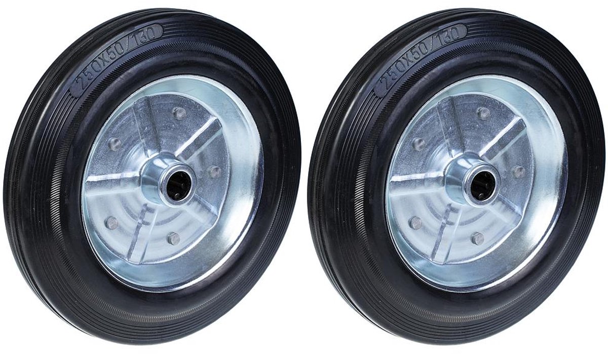 250 mm (10") zwart rubberen wiel met een hartgat van 20 mm in geperst staal, 210 kg - set van