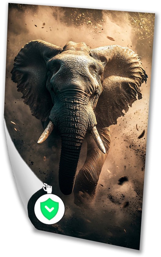 Indrukwekkende olifant in beweging - Olifant poster - Posters dieren - Realistische kunst - Muurdecoratie modern - Schilderijen & posters - Poster 50x70 cm