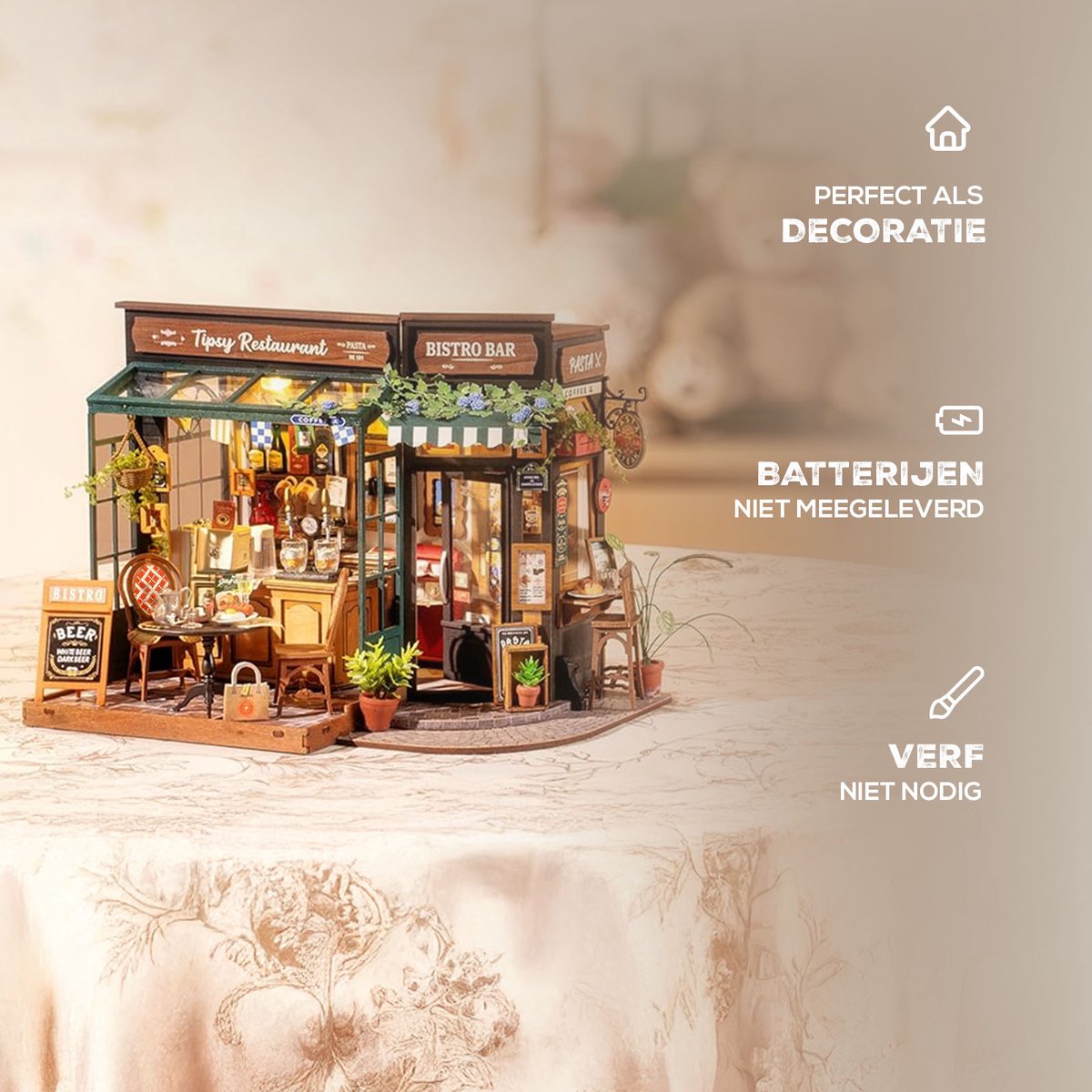 Robotime Rolife Tipsy Restaurant - DG167 - Rolife - DIY Miniatuur - Knutselen - Miniatuurhuisje — afbeelding 6