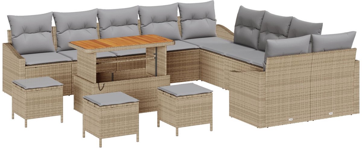 vidaXL - Tuinbank - Set - met - kussen - 13 - pcs - Beige - poly - rattan