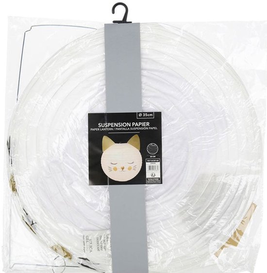 Verpakking van een witte papieren bolvormige lampion met kattengezicht, 35 cm.