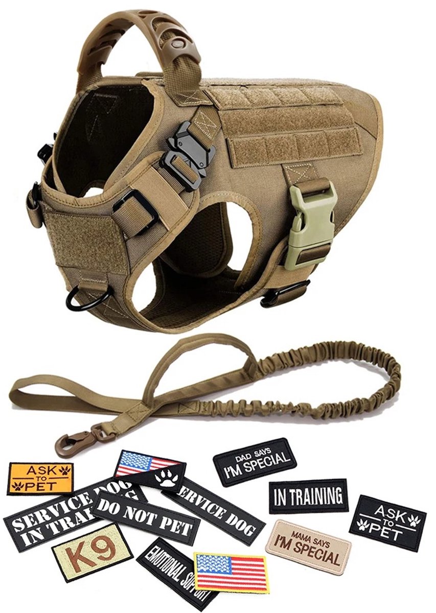 DreamPawz - Hondenharnas Set - Tactical Honden Tuigje met Leiband & 12 Patches - K9 - Beige - Anti-Trek Harnas - Extra Controle - L