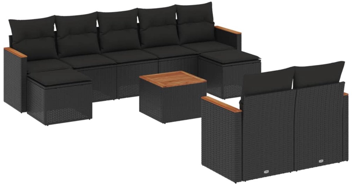 The Living Store 10-delige Loungeset met kussens poly rattan zwart - Loungebank - Lounge Set - Buitendecoratie - Tuinmeubels - Pe Rattan