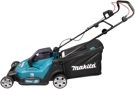 Makita elektrische grasmaaier, turquoise en zwart, met grasopvangzak. 430mm breed.