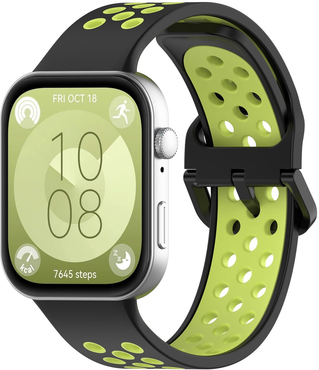 By Qubix - Tweekleurige siliconen band - Zwart met groen - geschikt voor Huawei Watch Fit 3 / Fit 4