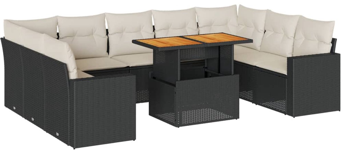 The Living Store 10-delige Loungeset met kussens poly rattan zwart - Loungebank - Lounge Set - Buitendecoratie - Tuinmeubelen - Loungestoel