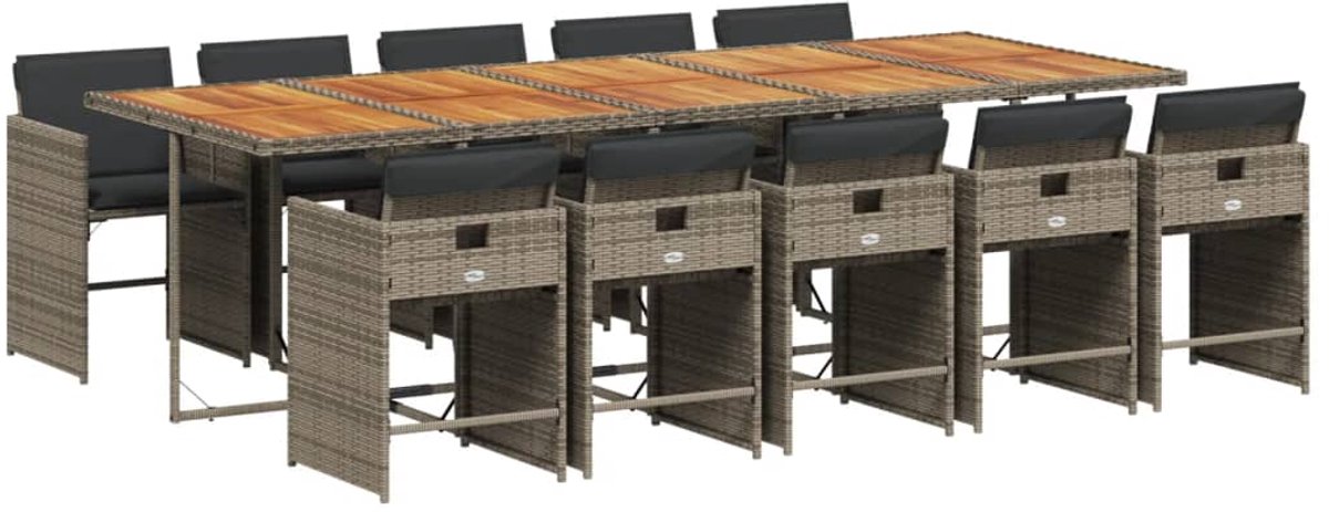 The Living Store 11-delige Tuinset met kussens poly rattan grijs - Tuinmeubel - Tuinset - Buitendining - Lounge Set - Patio Set