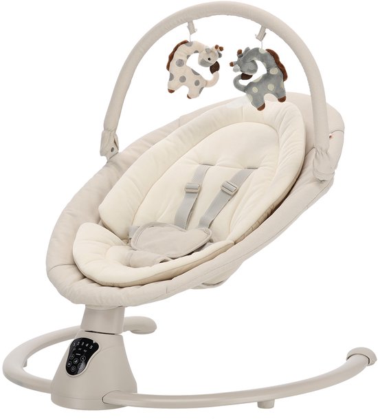 Crèmekleurige babyschommel met beige kussens en twee stoffen giraffenhangers.